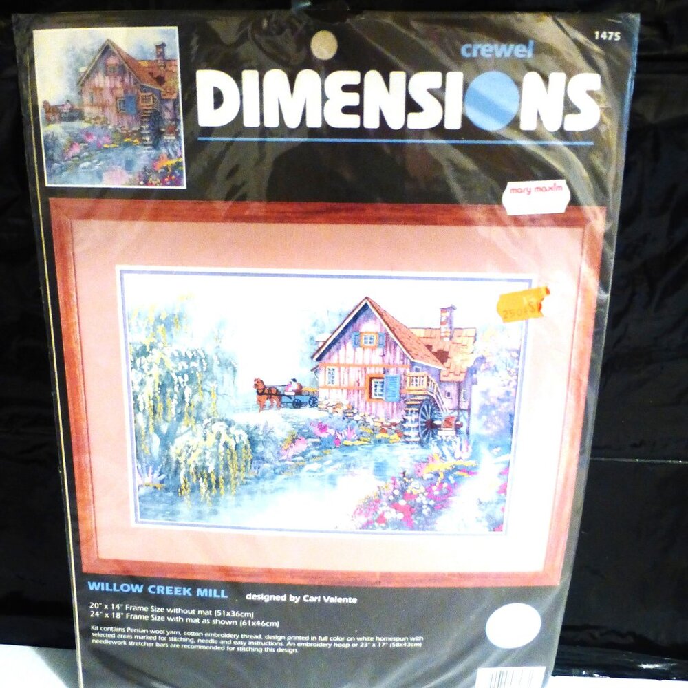 1995 Dimensions WILLOW CREEK MILL Carl Valente #1475 Crewel Stitchery 24" x 18"